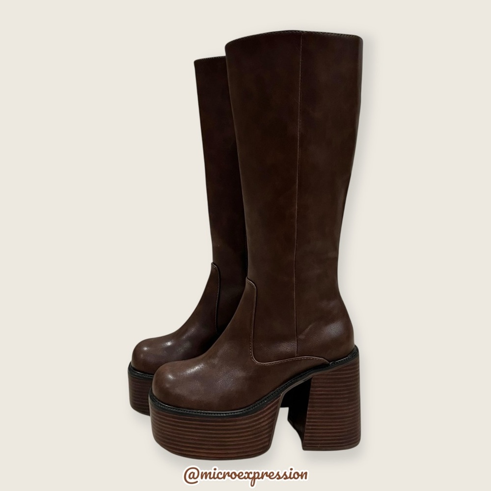 Free People Chunky Bratz Doll Chocolate Brown Leather Knee-High Platform Boots - Picture 11 of 16